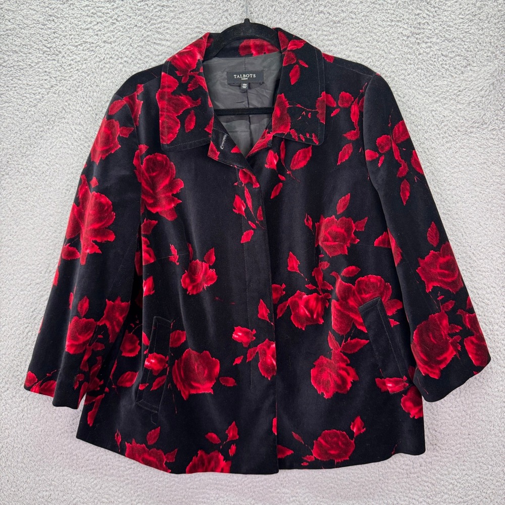 Talbots‎ Jacket Womens 14W Black Red Rose Floral Velvet Cotton Evening Coat